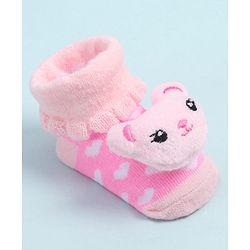 Cute Walk by Babyhug Fabric Ankle Length Socks Shoes with Heart Design & Bear Applique- Pink