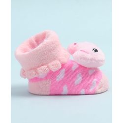 Cute Walk by Babyhug Fabric Ankle Length Socks Shoes with Heart Design & Bear Applique- Pink