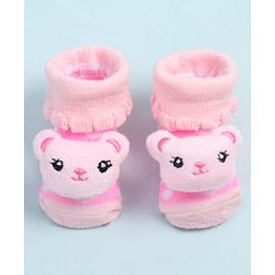 Cute Walk by Babyhug Fabric Ankle Length Socks Shoes with Heart Design & Bear Applique- Pink