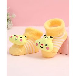 Cute Walk by Babyhug Fabric Ankle Length Socks Shoes with Striped Design & Honey Bee Applique- Yellow