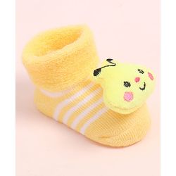 Cute Walk by Babyhug Fabric Ankle Length Socks Shoes with Striped Design & Honey Bee Applique- Yellow