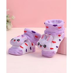Cute Walk by Babyhug Fabric Ankle Length Socks Shoes with Heart Design & Bunny Applique- Lilac & White