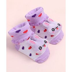 Cute Walk by Babyhug Fabric Ankle Length Socks Shoes with Heart Design & Bunny Applique- Lilac & White