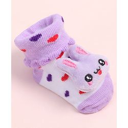 Cute Walk by Babyhug Fabric Ankle Length Socks Shoes with Heart Design & Bunny Applique- Lilac & White