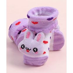 Cute Walk by Babyhug Fabric Ankle Length Socks Shoes with Heart Design & Bunny Applique- Lilac & White