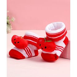 Cute Walk by Babyhug Fabric Ankle Length Socks Shoes with Striped Design &  Applique- Red & White