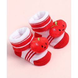 Cute Walk by Babyhug Fabric Ankle Length Socks Shoes with Striped Design &  Applique- Red & White