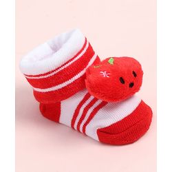 Cute Walk by Babyhug Fabric Ankle Length Socks Shoes with Striped Design &  Applique- Red & White