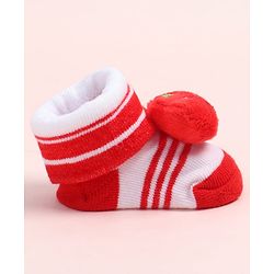 Cute Walk by Babyhug Fabric Ankle Length Socks Shoes with Striped Design &  Applique- Red & White