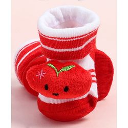 Cute Walk by Babyhug Fabric Ankle Length Socks Shoes with Striped Design &  Applique- Red & White