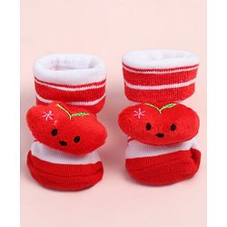 Cute Walk by Babyhug Fabric Ankle Length Socks Shoes with Striped Design &  Applique- Red & White