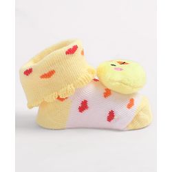 Cute Walk by Babyhug Fabric Ankle Length Socks Shoes with Heart Design & Chick Applique- Yellow