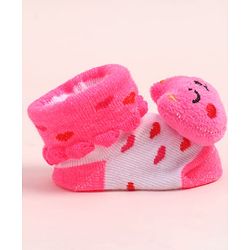 Cute Walk by Babyhug Fabric Ankle Length Socks Shoes with Heart Design & Kitten Applique- Pink