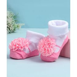 Cute Walk by Babyhug Fabric Ankle Length Socks Shoes with Floral Applique- Pink & White