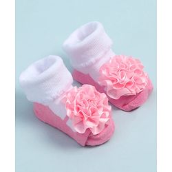 Cute Walk by Babyhug Fabric Ankle Length Socks Shoes with Floral Applique- Pink & White