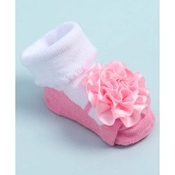 Cute Walk by Babyhug Fabric Ankle Length Socks Shoes with Floral Applique- Pink & White