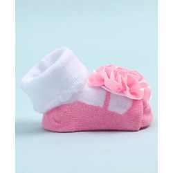 Cute Walk by Babyhug Fabric Ankle Length Socks Shoes with Floral Applique- Pink & White