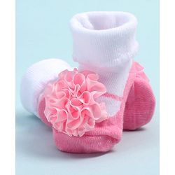 Cute Walk by Babyhug Fabric Ankle Length Socks Shoes with Floral Applique- Pink & White