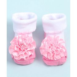 Cute Walk by Babyhug Fabric Ankle Length Socks Shoes with Floral Applique- Pink & White