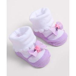Cute Walk by Babyhug Fabric Ankle Length Socks Shoes with    Bow Applique- Pink & White