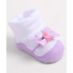Cute Walk by Babyhug Fabric Ankle Length Socks Shoes with    Bow Applique- Pink & White