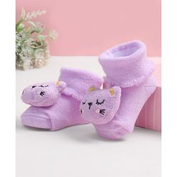Cute Walk by Babyhug Fabric Ankle Length Socks Shoes with  Kitten Applique- Lilac