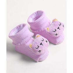 Cute Walk by Babyhug Fabric Ankle Length Socks Shoes with  Kitten Applique- Lilac