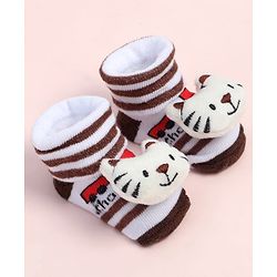 Cute Walk by Babyhug Fabric Ankle Length Socks Shoes with Striped Train Design & Kitten Applique- Brown & White