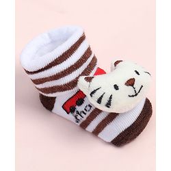 Cute Walk by Babyhug Fabric Ankle Length Socks Shoes with Striped Train Design & Kitten Applique- Brown & White