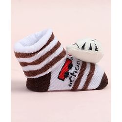 Cute Walk by Babyhug Fabric Ankle Length Socks Shoes with Striped Train Design & Kitten Applique- Brown & White