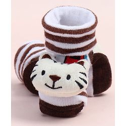 Cute Walk by Babyhug Fabric Ankle Length Socks Shoes with Striped Train Design & Kitten Applique- Brown & White