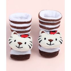 Cute Walk by Babyhug Fabric Ankle Length Socks Shoes with Striped Train Design & Kitten Applique- Brown & White