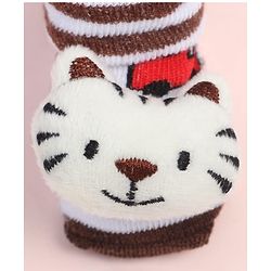 Cute Walk by Babyhug Fabric Ankle Length Socks Shoes with Striped Train Design & Kitten Applique- Brown & White