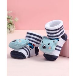 Cute Walk by Babyhug Fabric Ankle Length Socks Shoes with Striped Design & Bear Applique- Blue & White