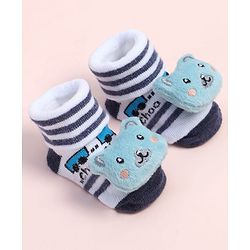 Cute Walk by Babyhug Fabric Ankle Length Socks Shoes with Striped Design & Bear Applique- Blue & White