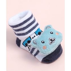 Cute Walk by Babyhug Fabric Ankle Length Socks Shoes with Striped Design & Bear Applique- Blue & White
