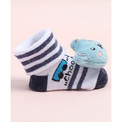 Cute Walk by Babyhug Fabric Ankle Length Socks Shoes with Striped Design & Bear Applique- Blue & White