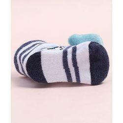 Cute Walk by Babyhug Fabric Ankle Length Socks Shoes with Striped Design & Bear Applique- Blue & White