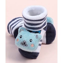 Cute Walk by Babyhug Fabric Ankle Length Socks Shoes with Striped Design & Bear Applique- Blue & White