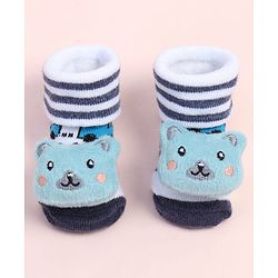 Cute Walk by Babyhug Fabric Ankle Length Socks Shoes with Striped Design & Bear Applique- Blue & White