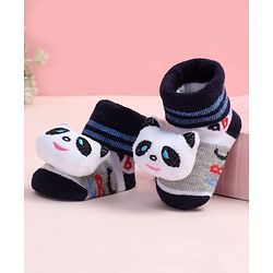 Cute Walk by Babyhug Fabric Ankle Length Socks Shoes with Alphabet Design & Panda Applique- Grey & Black