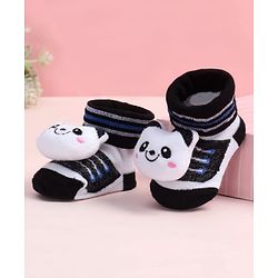 Cute Walk by Babyhug Fabric Ankle Length Socks Shoes with Striped Design & Panda Applique- White & Black