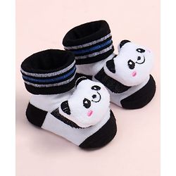 Cute Walk by Babyhug Fabric Ankle Length Socks Shoes with Striped Design & Panda Applique- White & Black