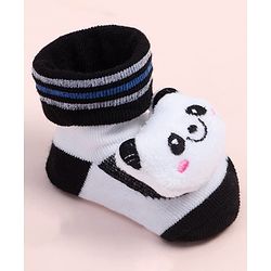 Cute Walk by Babyhug Fabric Ankle Length Socks Shoes with Striped Design & Panda Applique- White & Black