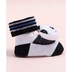 Cute Walk by Babyhug Fabric Ankle Length Socks Shoes with Striped Design & Panda Applique- White & Black