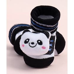 Cute Walk by Babyhug Fabric Ankle Length Socks Shoes with Striped Design & Panda Applique- White & Black