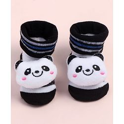 Cute Walk by Babyhug Fabric Ankle Length Socks Shoes with Striped Design & Panda Applique- White & Black