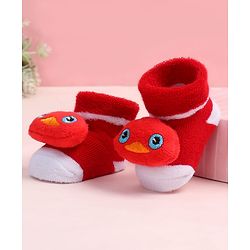 Cute Walk by Babyhug Fabric Ankle Length Socks Shoes with  Duck Applique- Red & White