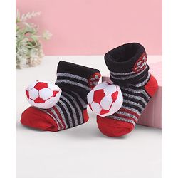 Cute Walk by Babyhug Fabric Ankle Length Socks Shoes with Striped Design & Ball Applique- Red & Black
