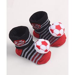 Cute Walk by Babyhug Fabric Ankle Length Socks Shoes with Striped Design & Ball Applique- Red & Black